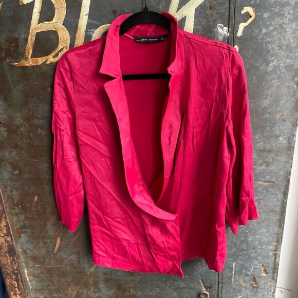 Zara Barbie-Core Pink Blazer Blouse Satin-Feel Shirt, Size Large - Picture 7 of 9